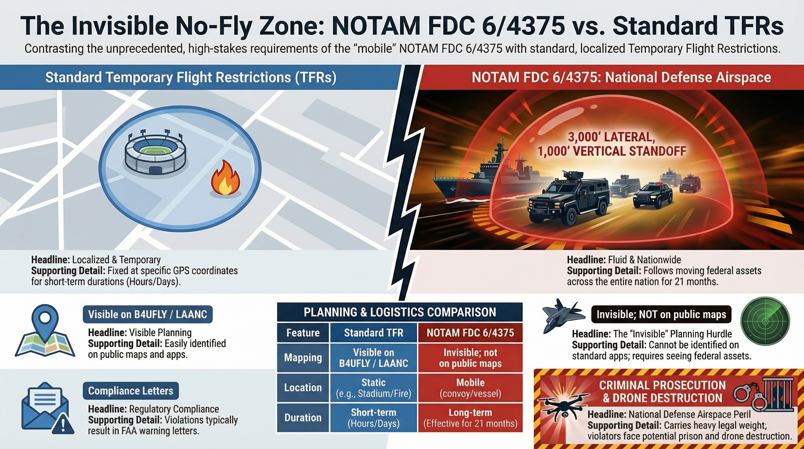 Infographic comparing standard Temporary Flight Restrictions vs NOTAM FDC 6/4375 National Defense Airspace — showing 3,000 ft lateral and 1,000 ft vertical standoff distances, mobile convoy tracking, and criminal prosecution penalties