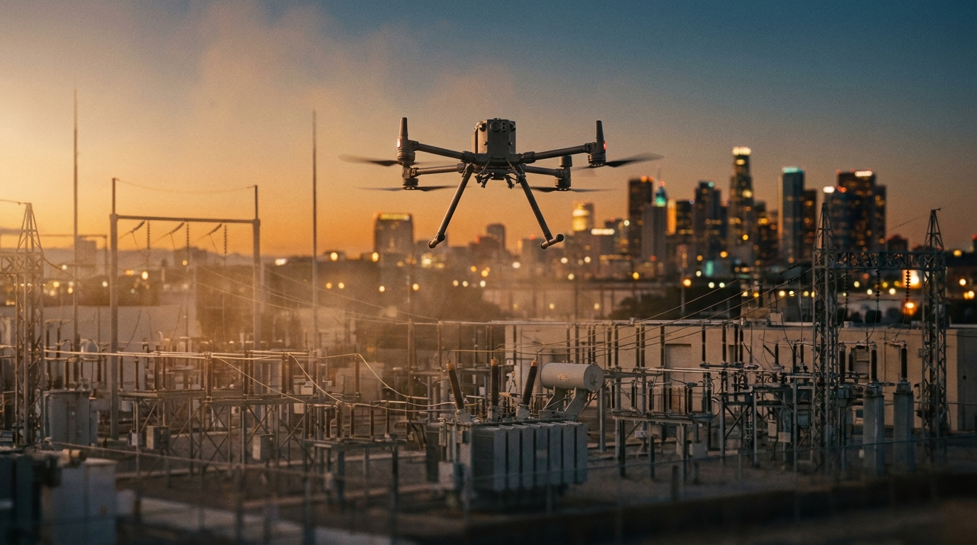 UAVHQ regulatory watch graphic showing fleet operations data dashboards alongside a BVLOS drone over infrastructure at dusk