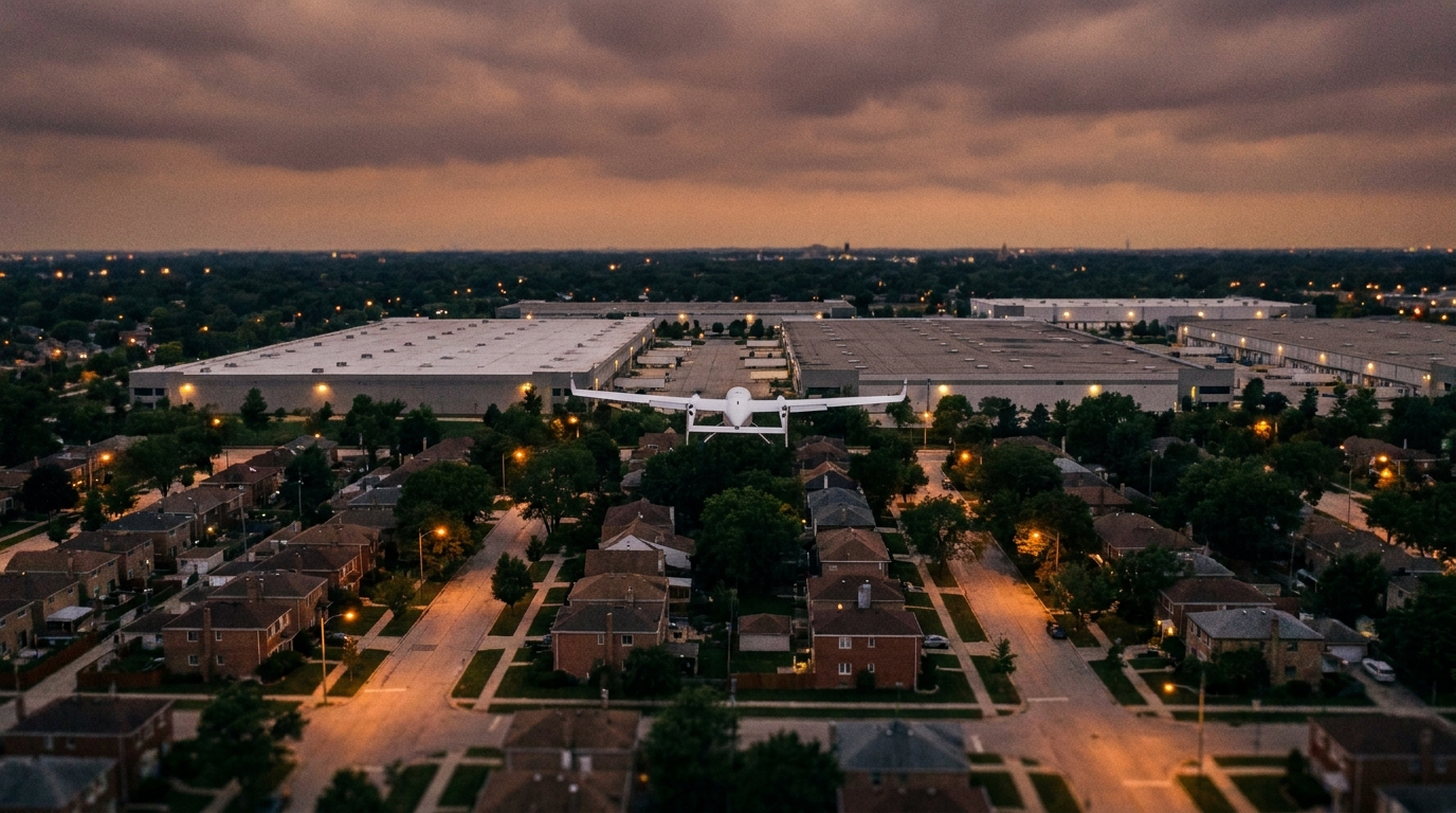 A small package delivery drone in wing-borne flight above a Chicago-area suburban neighborhood at dusk, warehouse rooftops and residential streets receding under an overcast sky