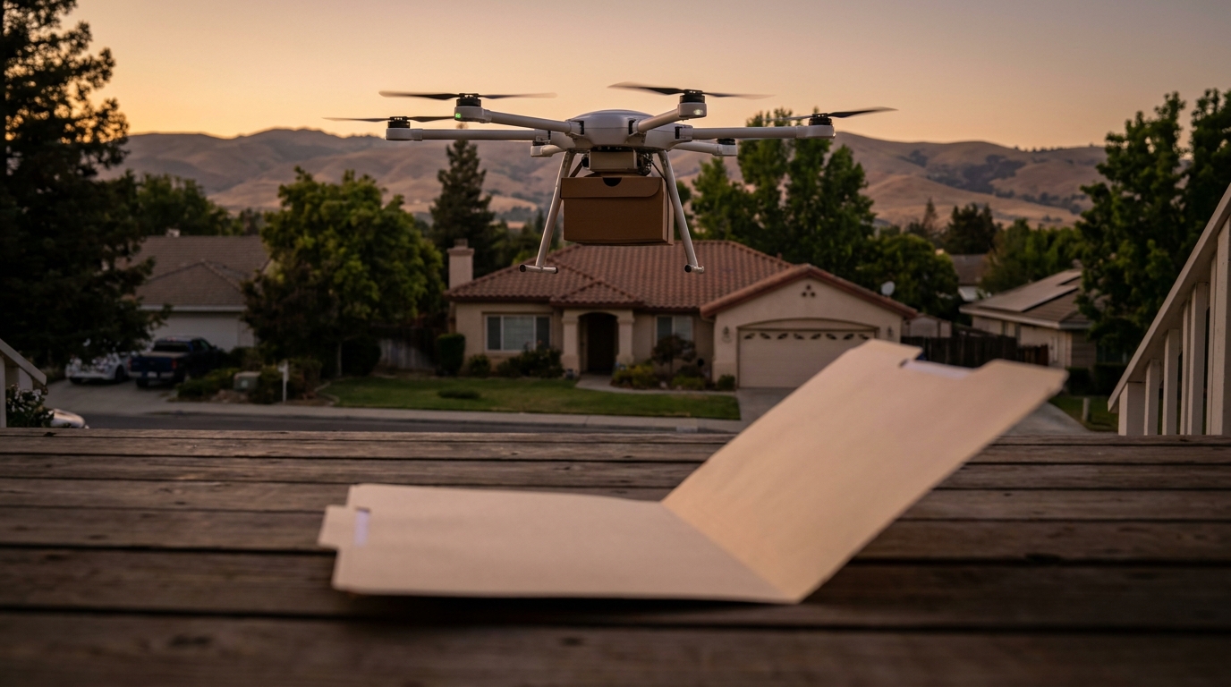 AI-generated editorial illustration of a delivery drone descending over a California suburban neighborhood at golden hour with an empty document folder motif in the foreground