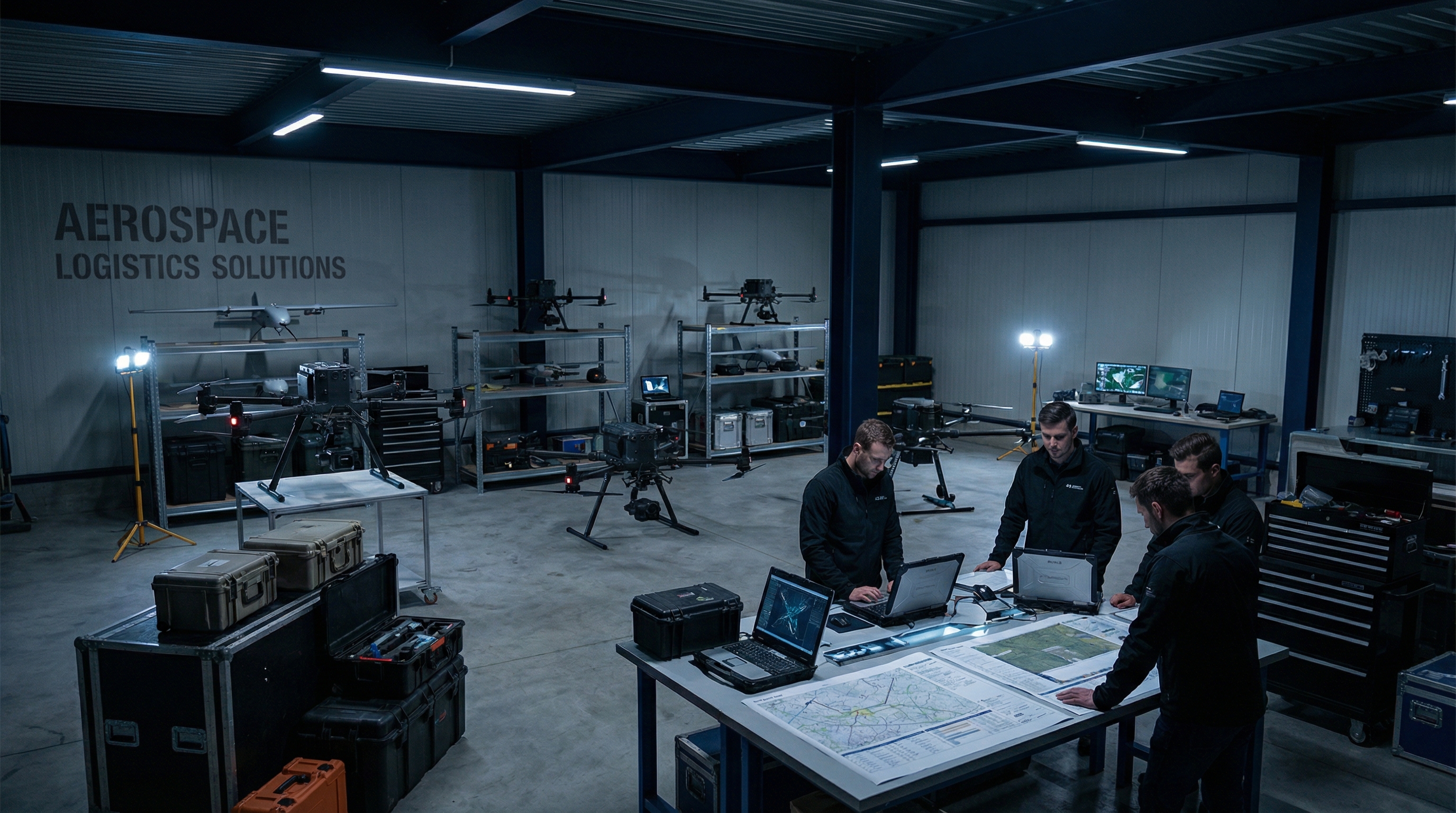 Commercial drone fleet in warehouse with operations planning setup