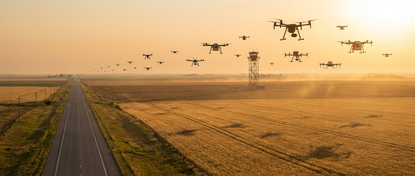 Commercial delivery drones flying beyond visual line of sight over American farmland