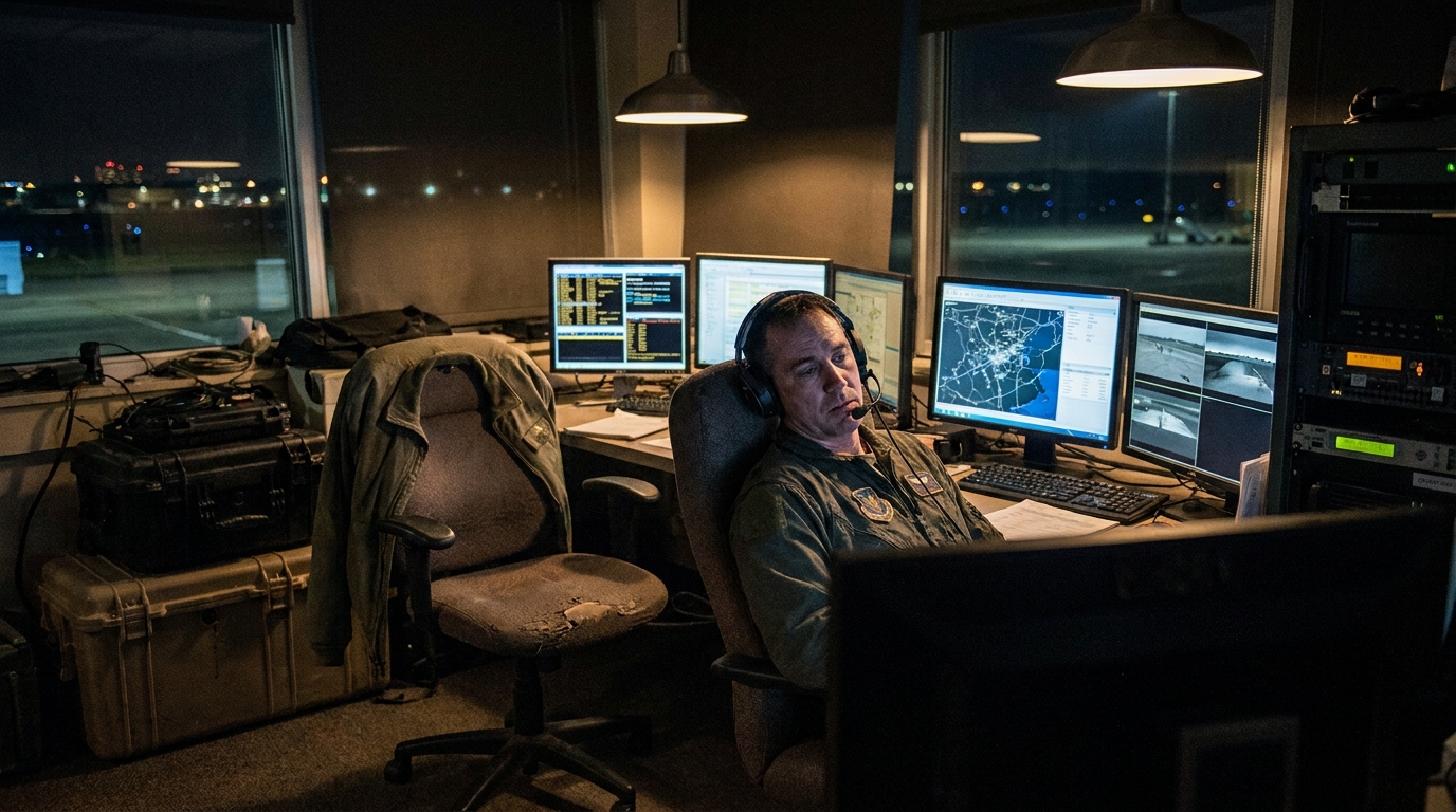 A single remote pilot at a dimly lit ground control station monitoring multiple telemetry screens late at night, face illuminated by the displays, an empty second operator chair beside them