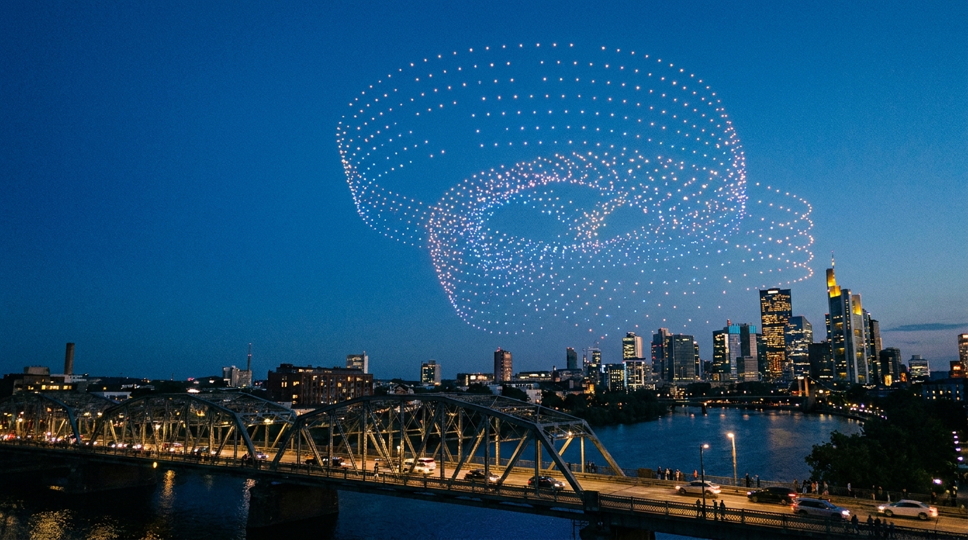 Aerial drone light show over a riverfront downtown at dusk with a bridge in the foreground, hundreds of illuminated drones forming a pattern in the sky