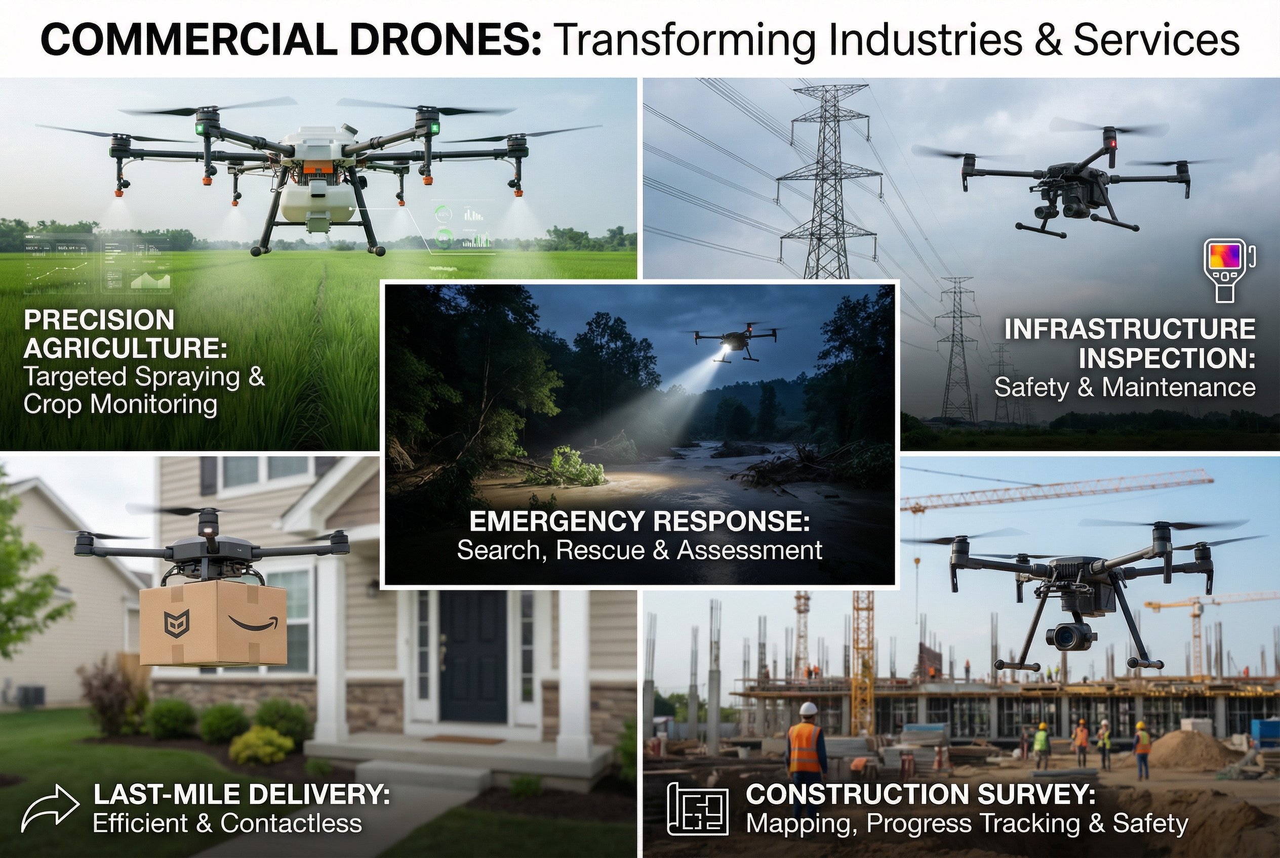 Commercial drones in agriculture, inspection, emergency, delivery and construction