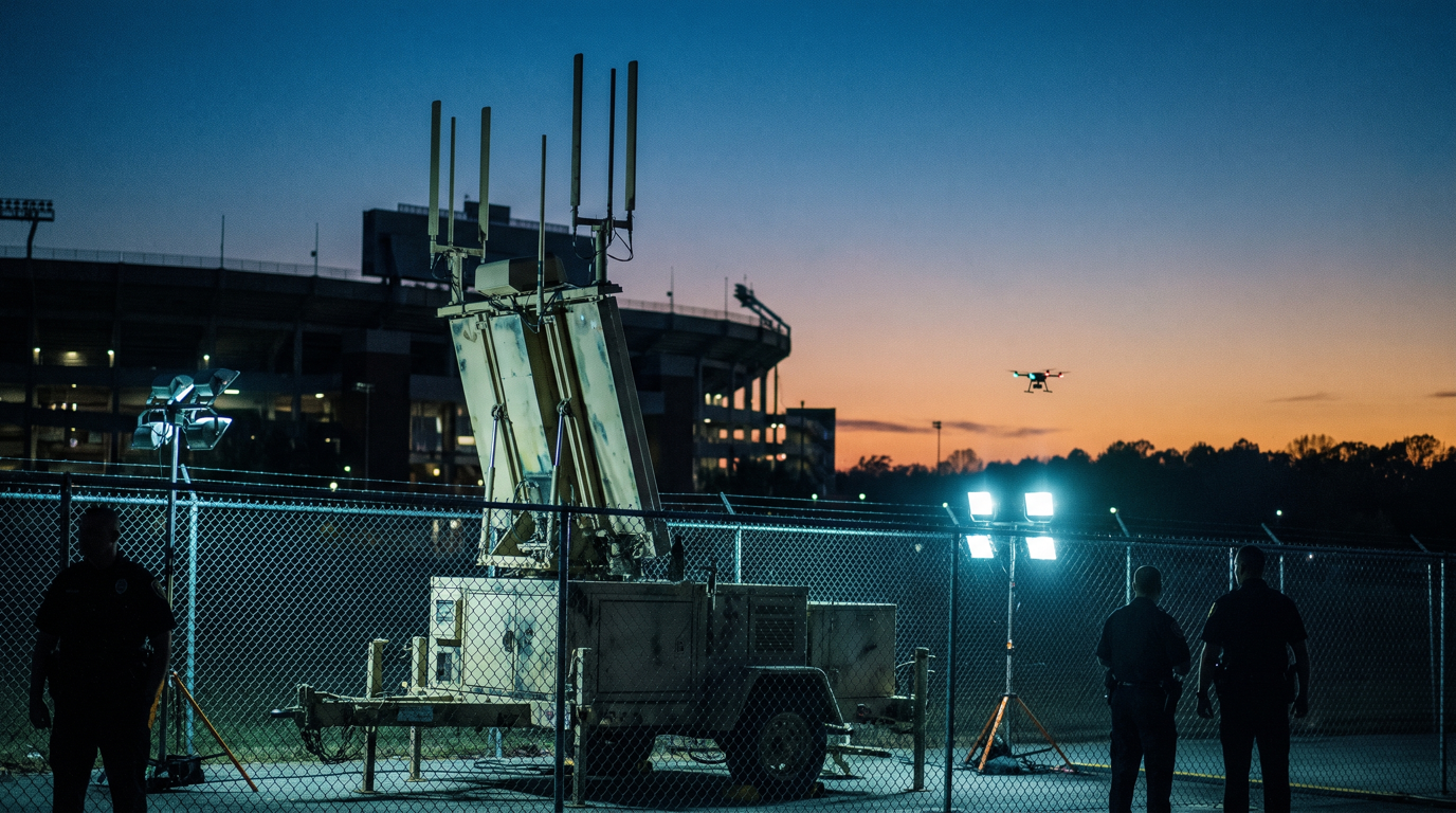 A trailer-mounted counter-drone radar and RF sensor array deployed on a stadium perimeter at dusk, antennas raised toward the sky, with a distant commercial multirotor holding a survey orbit