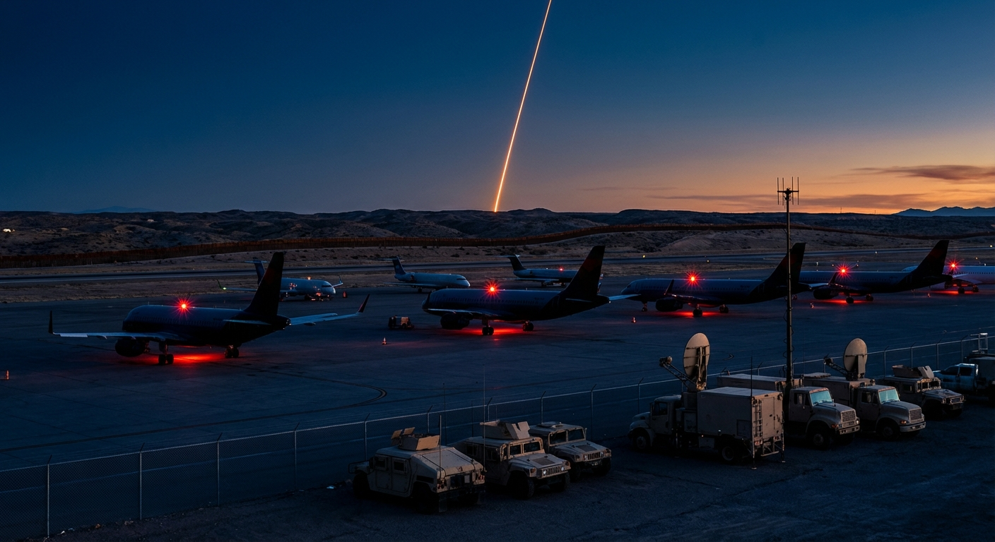 El Paso airport with grounded aircraft and counter-drone laser operations along the border