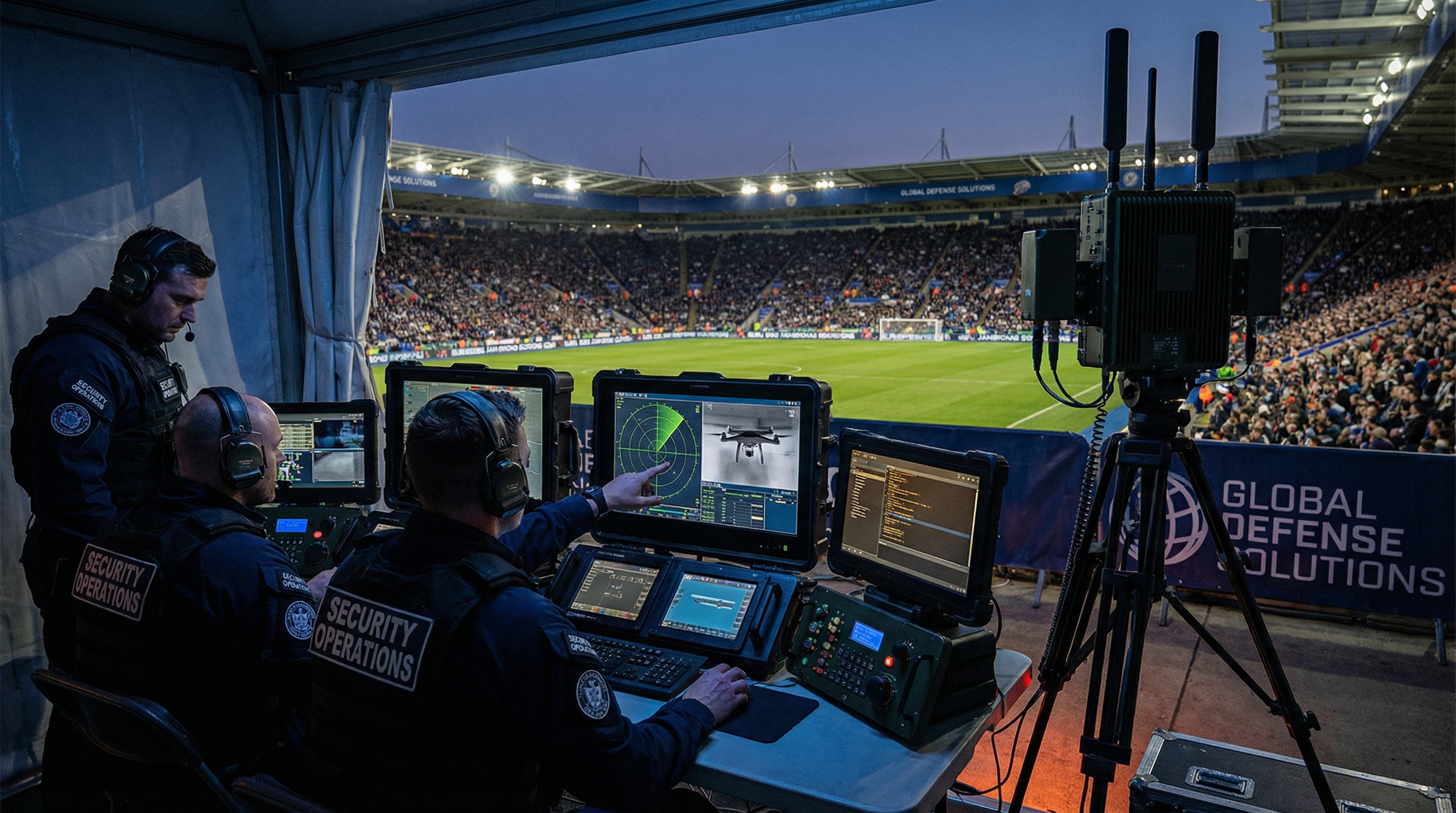 Stadium security with counter-drone system deployed