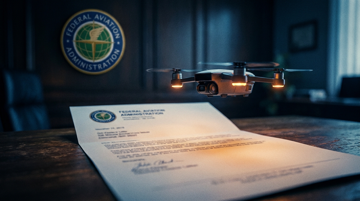 A commercial quadcopter hovering over an FAA enforcement letter, with the FAA seal in the background.