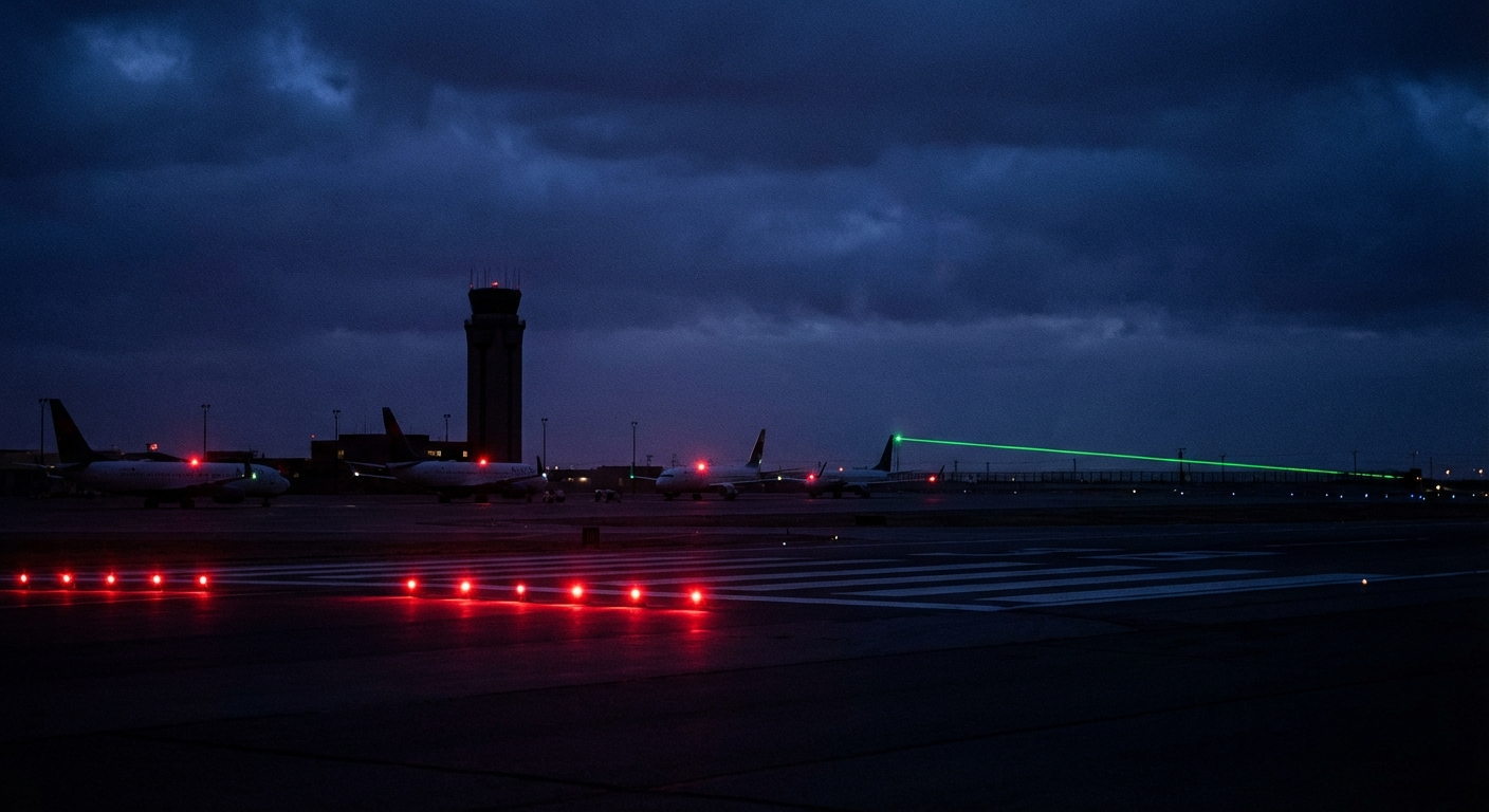 El Paso International Airport shut down at night with laser beam visible on the border