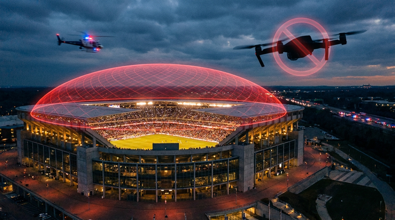 A modern soccer stadium at dusk under a translucent red No Drone Zone airspace dome, with a small quadcopter silhouetted in the foreground.