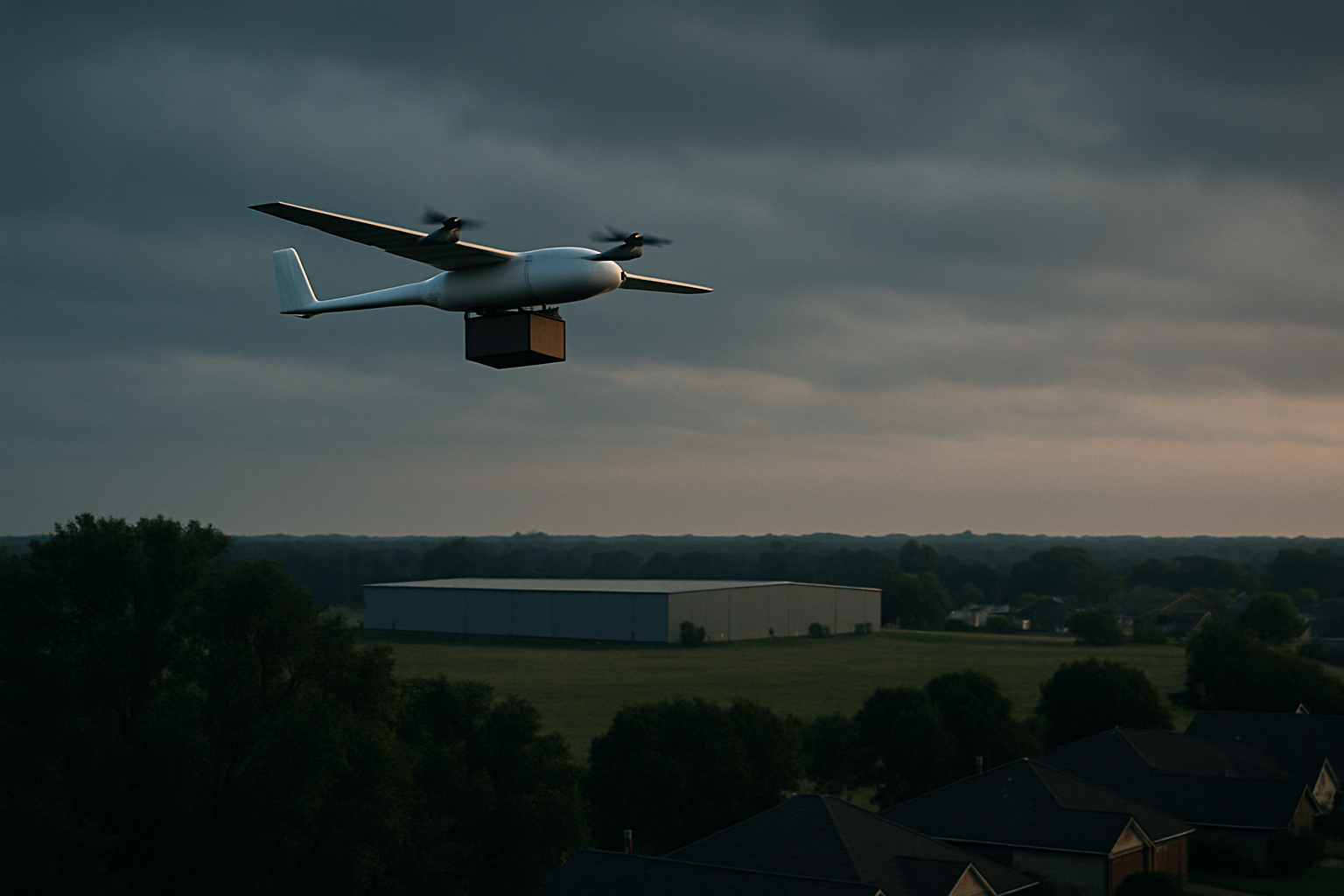 A package delivery drone in wing-borne cruise above the treeline at the edge of a suburban neighborhood at dusk, a low warehouse hub set back behind a buffer of open ground, overcast sky