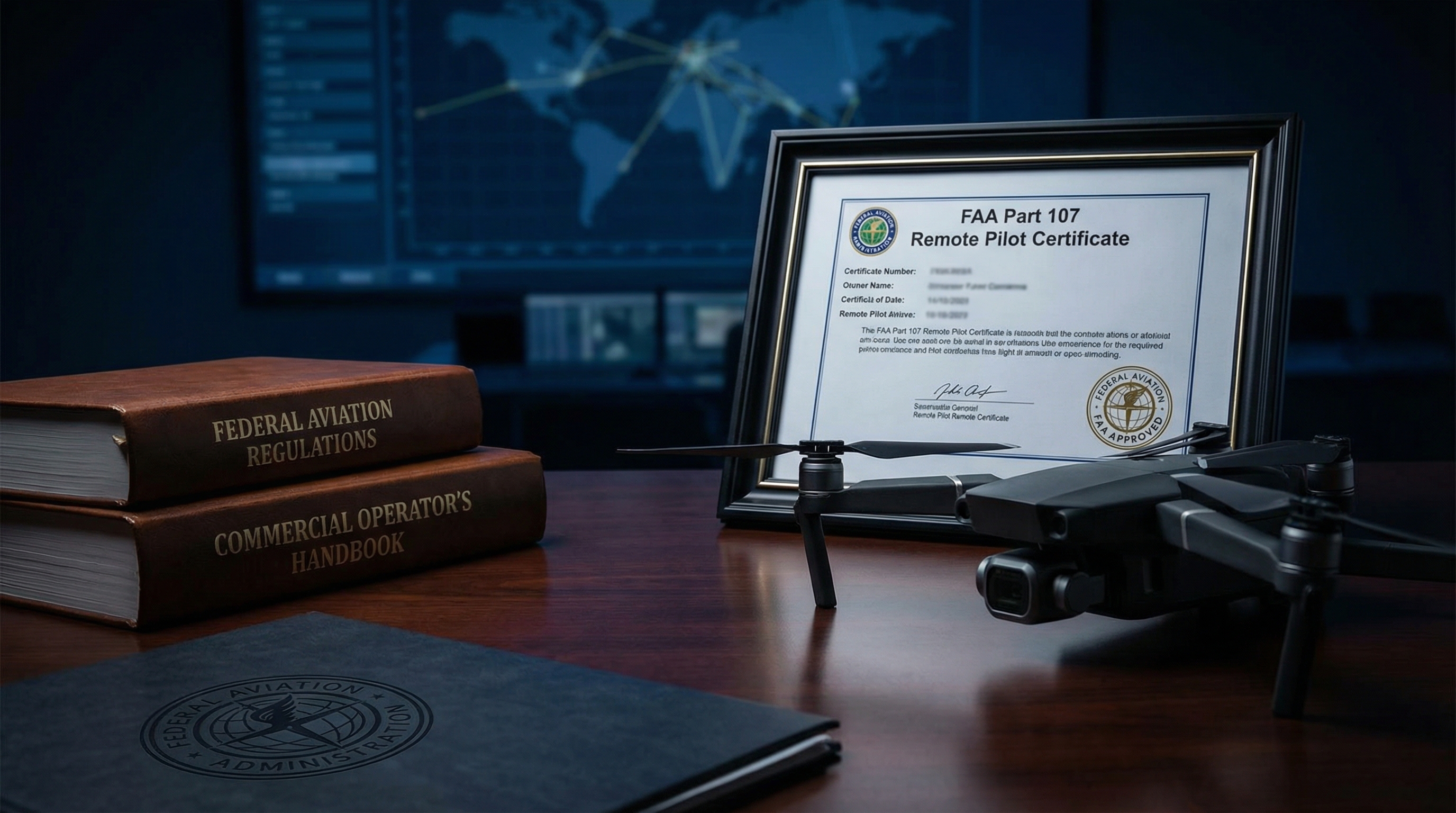 Part 107 certificate beside professional drone on desk