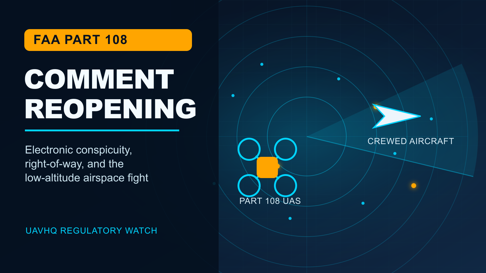 UAVHQ regulatory watch graphic showing Part 108 UAS and crewed aircraft symbols on a low-altitude electronic conspicuity radar display