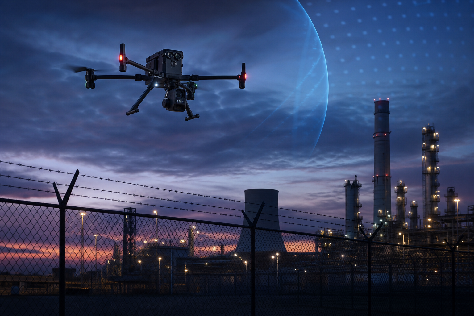 Commercial drone near restricted critical infrastructure airspace at dusk