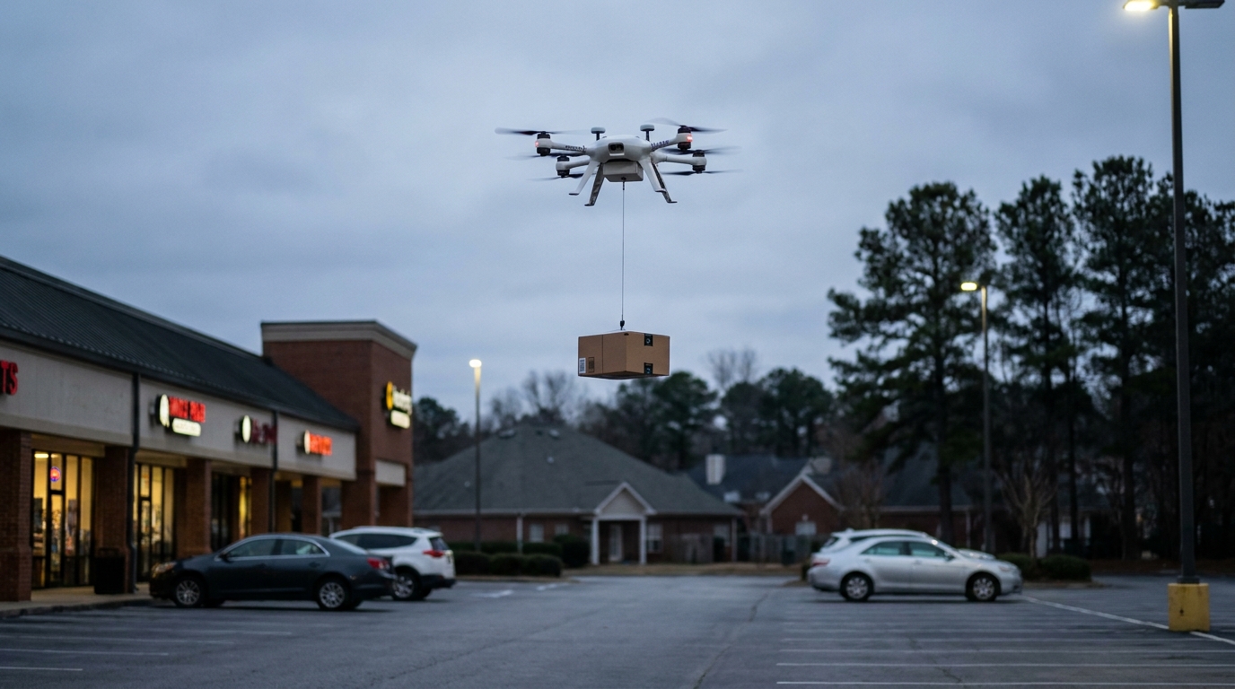 A small package delivery drone hovering over a suburban Atlanta retail parking lot at dusk with a lowered tether package, rooftops and pine treelines receding under an overcast sky