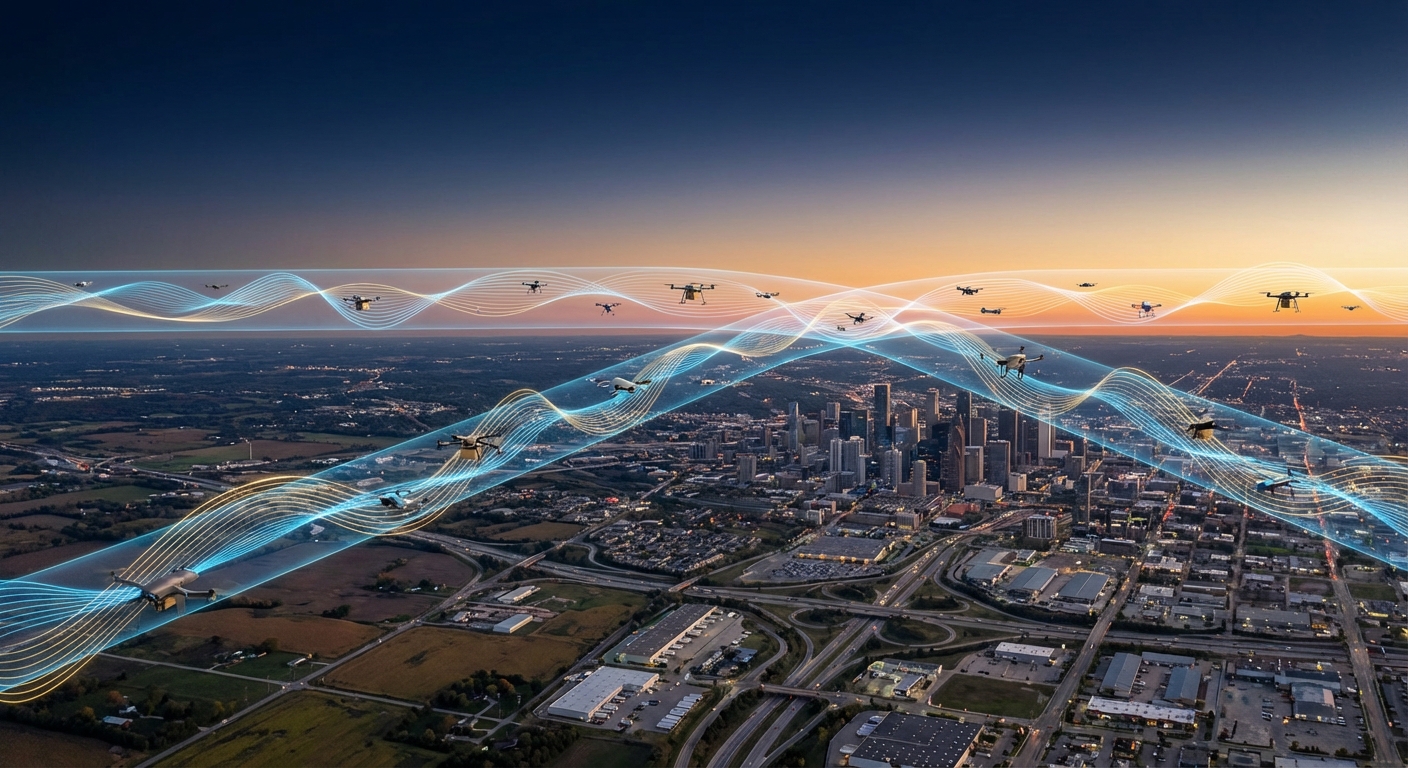Commercial drones navigating licensed spectrum frequency corridors over American airspace at sunrise