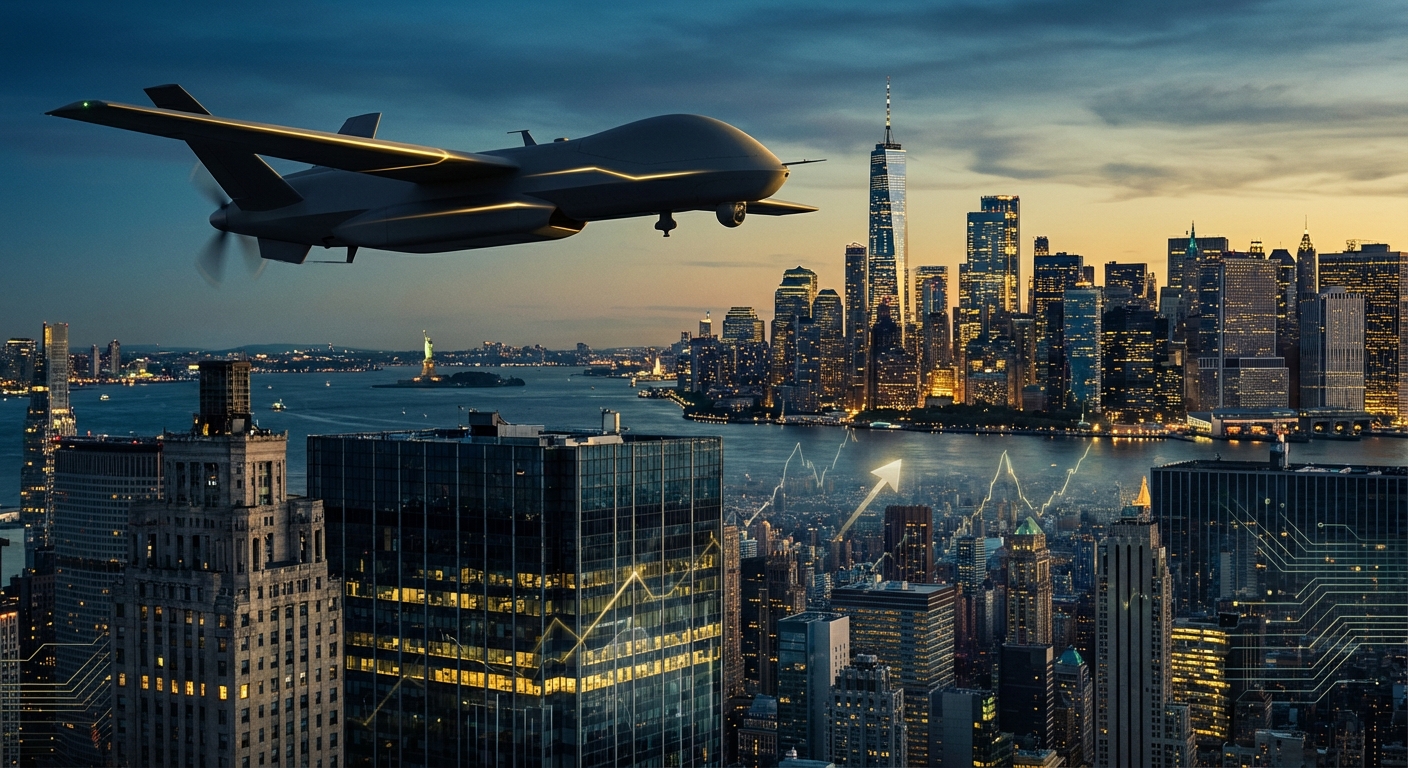 Drone silhouetted against the Wall Street financial district skyline, symbolizing the intersection of finance and national defense