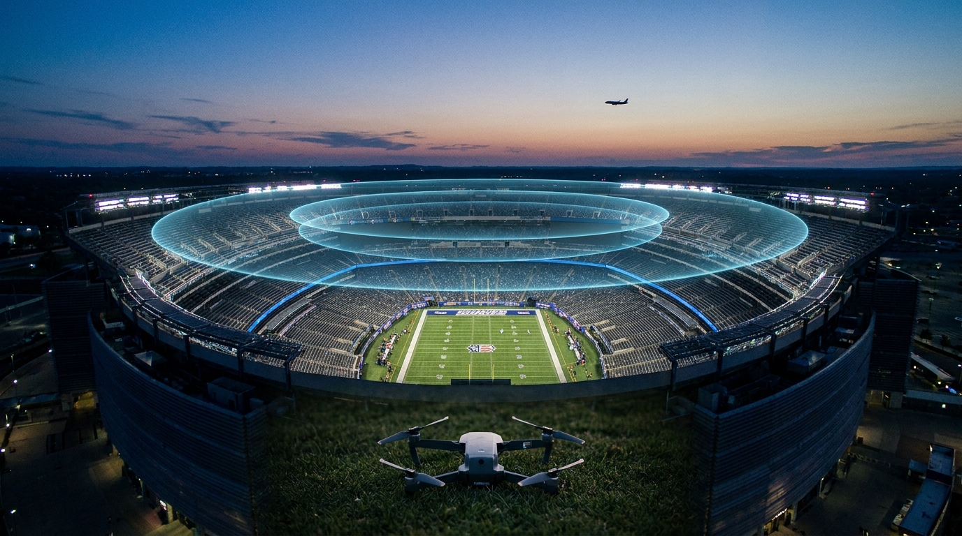 Stadium aerial view at dusk with concentric airspace restriction rings overlaid, an inactive drone on the ground in foreground, distant aircraft silhouette