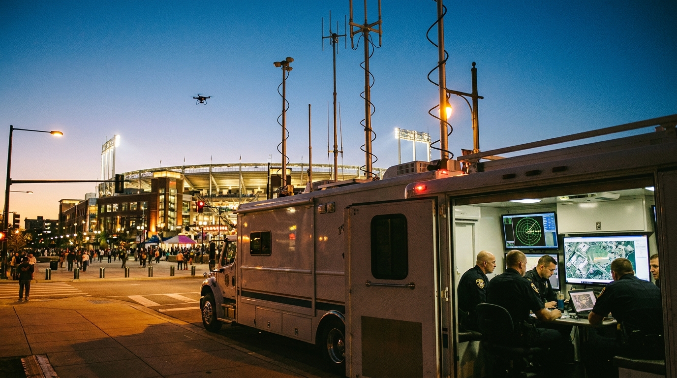 Public safety command vehicle with antenna arrays monitoring low-altitude airspace over a stadium district at dusk, small drone visible in the distance