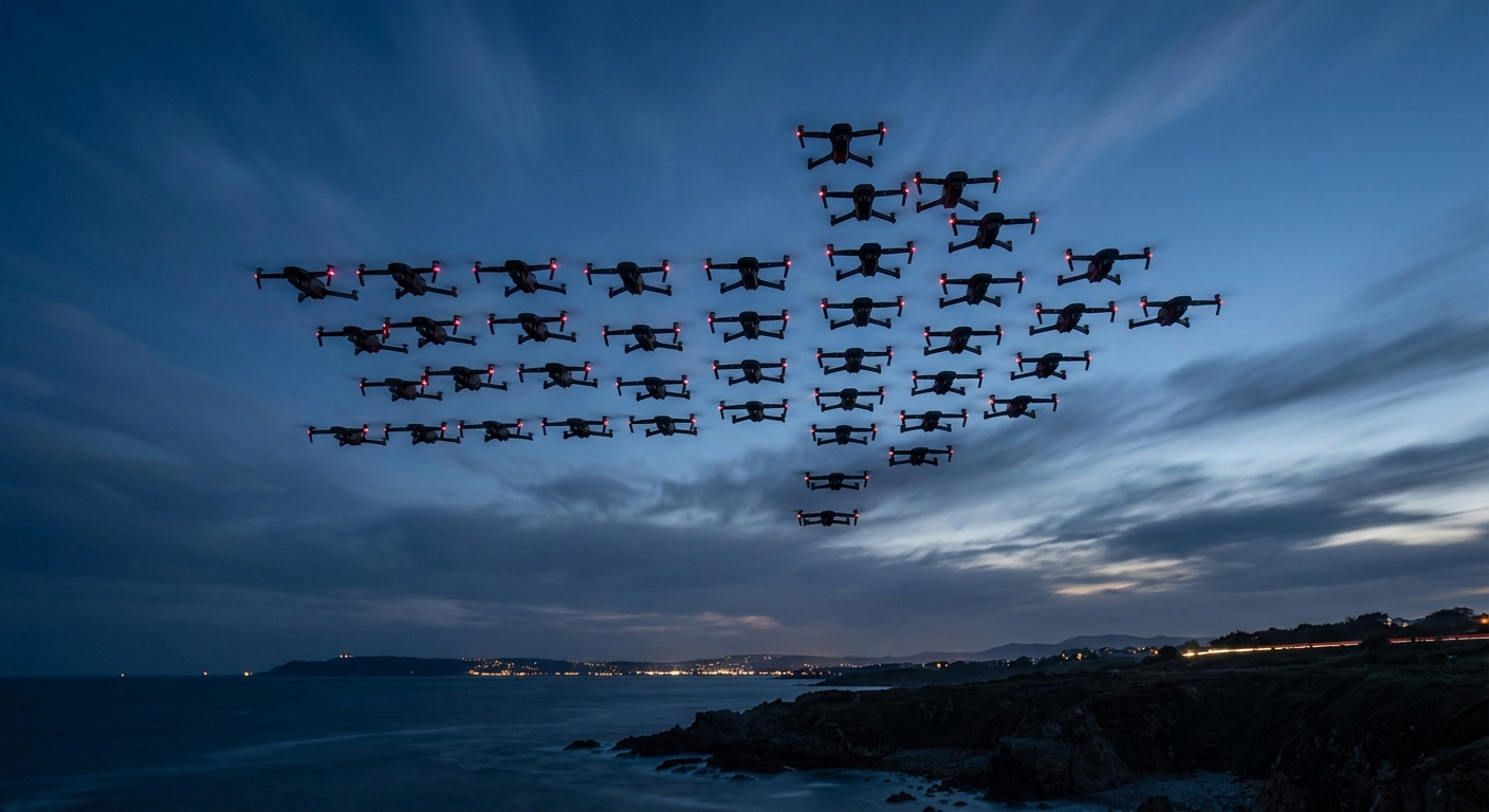 Military drones flying in coordinated autonomous swarm formation at twilight