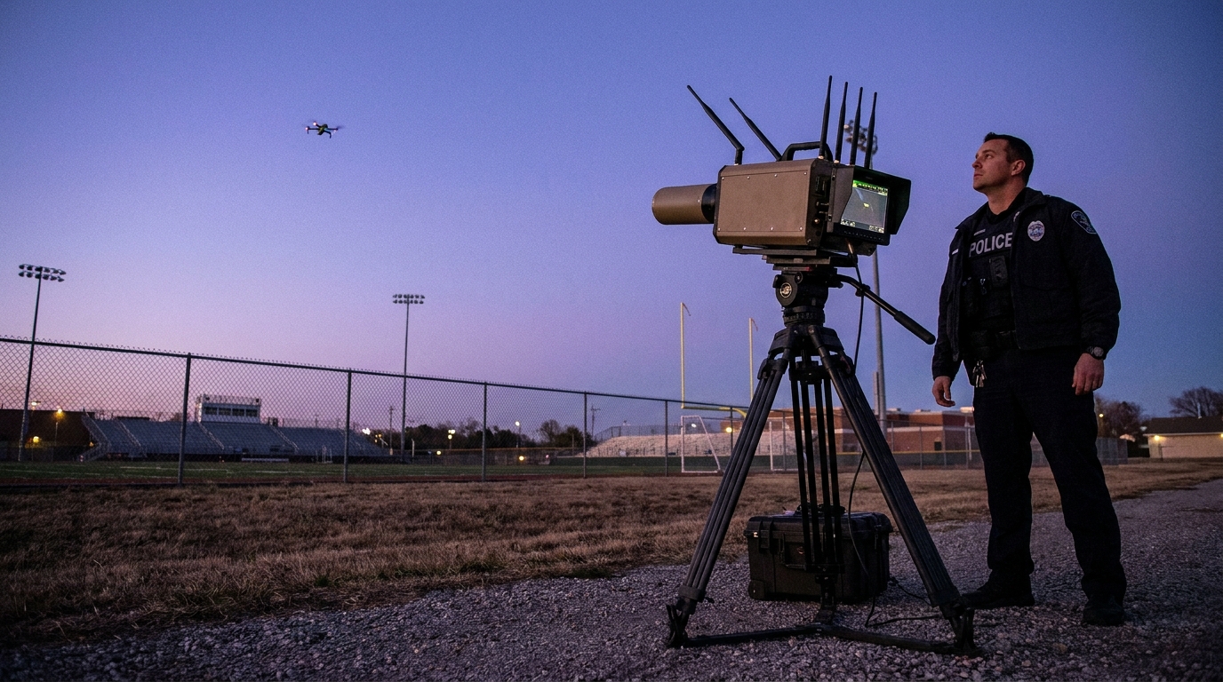 A police-operated counter-drone detection unit on a tripod scanning the sky near a fenced stadium at dusk, with a small commercial quadcopter visible in the distance holding position