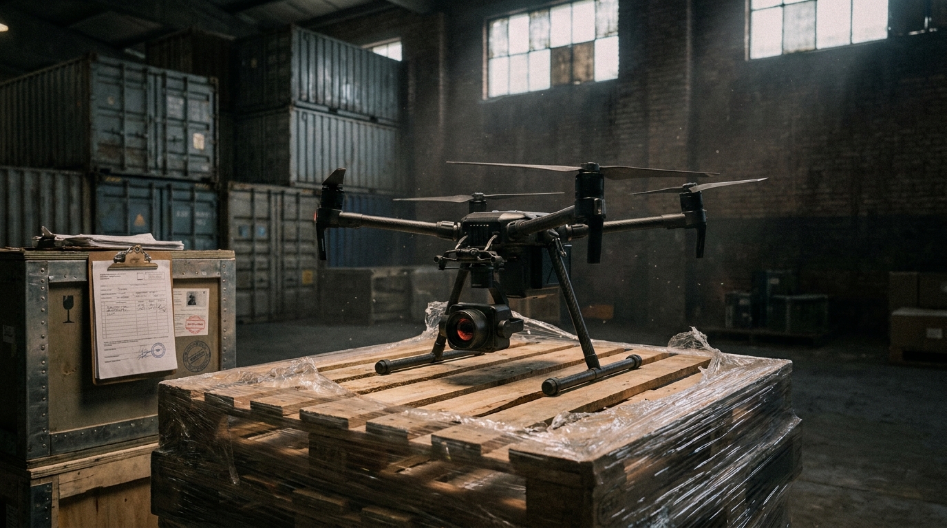 A commercial quadcopter with a thermal camera payload sitting on a shipping pallet in a customs warehouse, cargo containers and inspection paperwork in the background at dusk