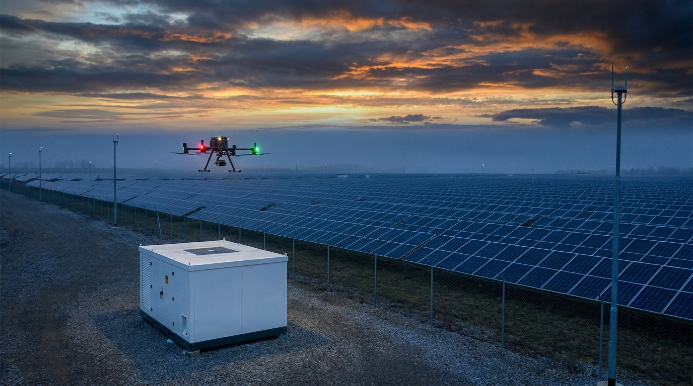 Autonomous drone-in-a-box launching over a large solar photovoltaic array at dusk with perimeter sensors visible