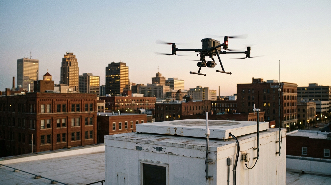 A public-safety quadcopter lifting off from a rooftop docking station at dusk with a mid-size city skyline behind it