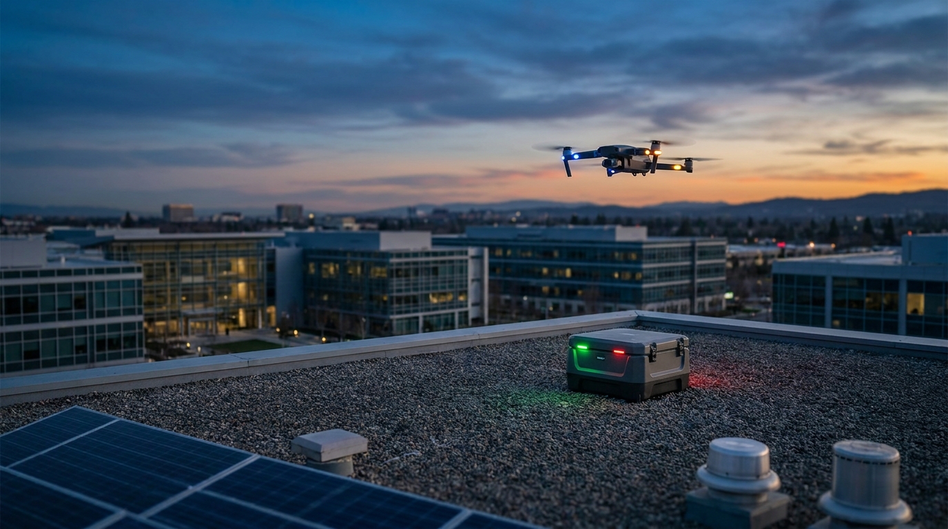 Autonomous security drone returning to a weatherproof dock at dusk over a corporate campus