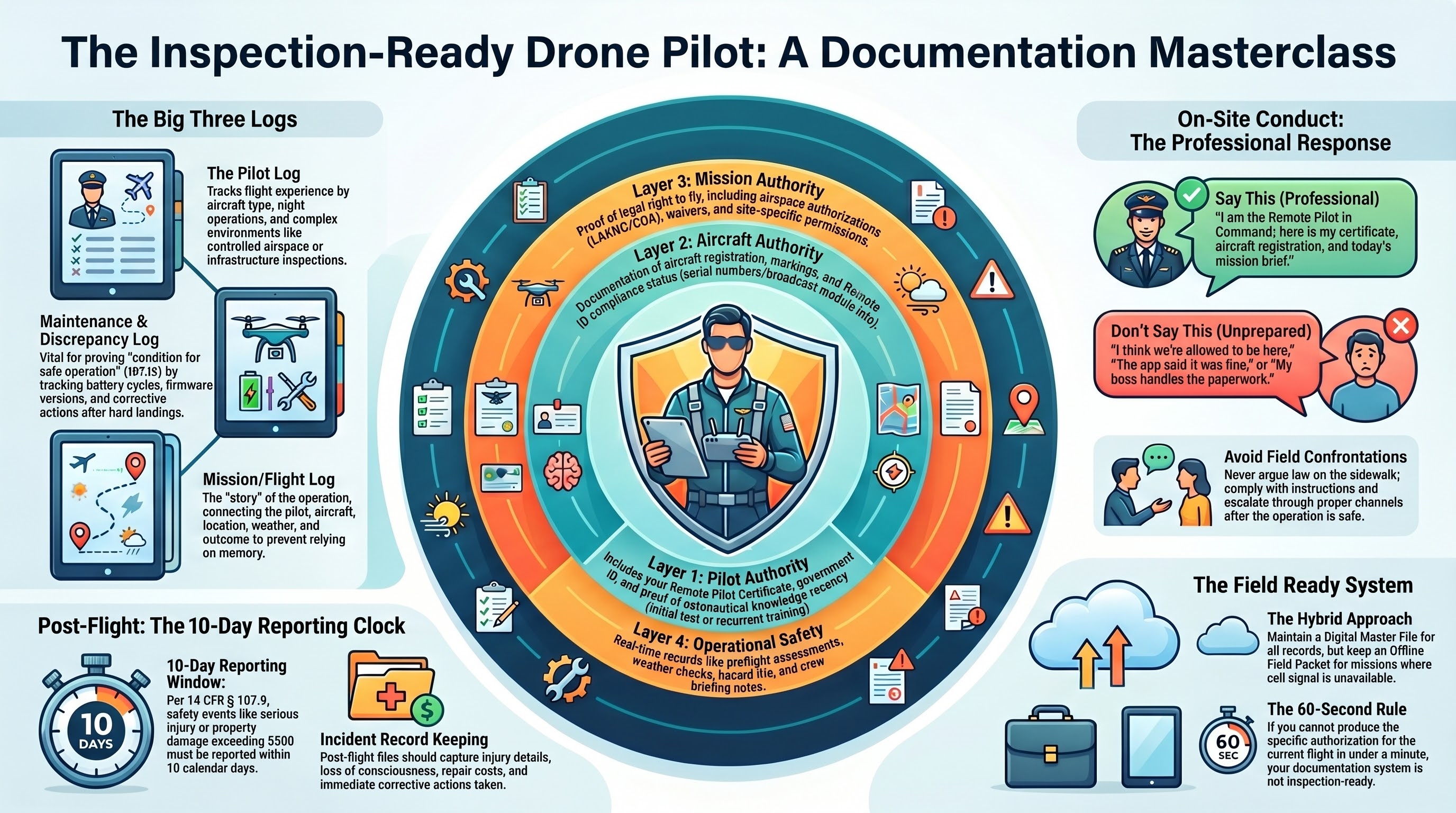 Inspection-ready drone pilot documentation masterclass infographic showing pilot logs, aircraft authority, mission authority, on-site conduct, and field-ready records