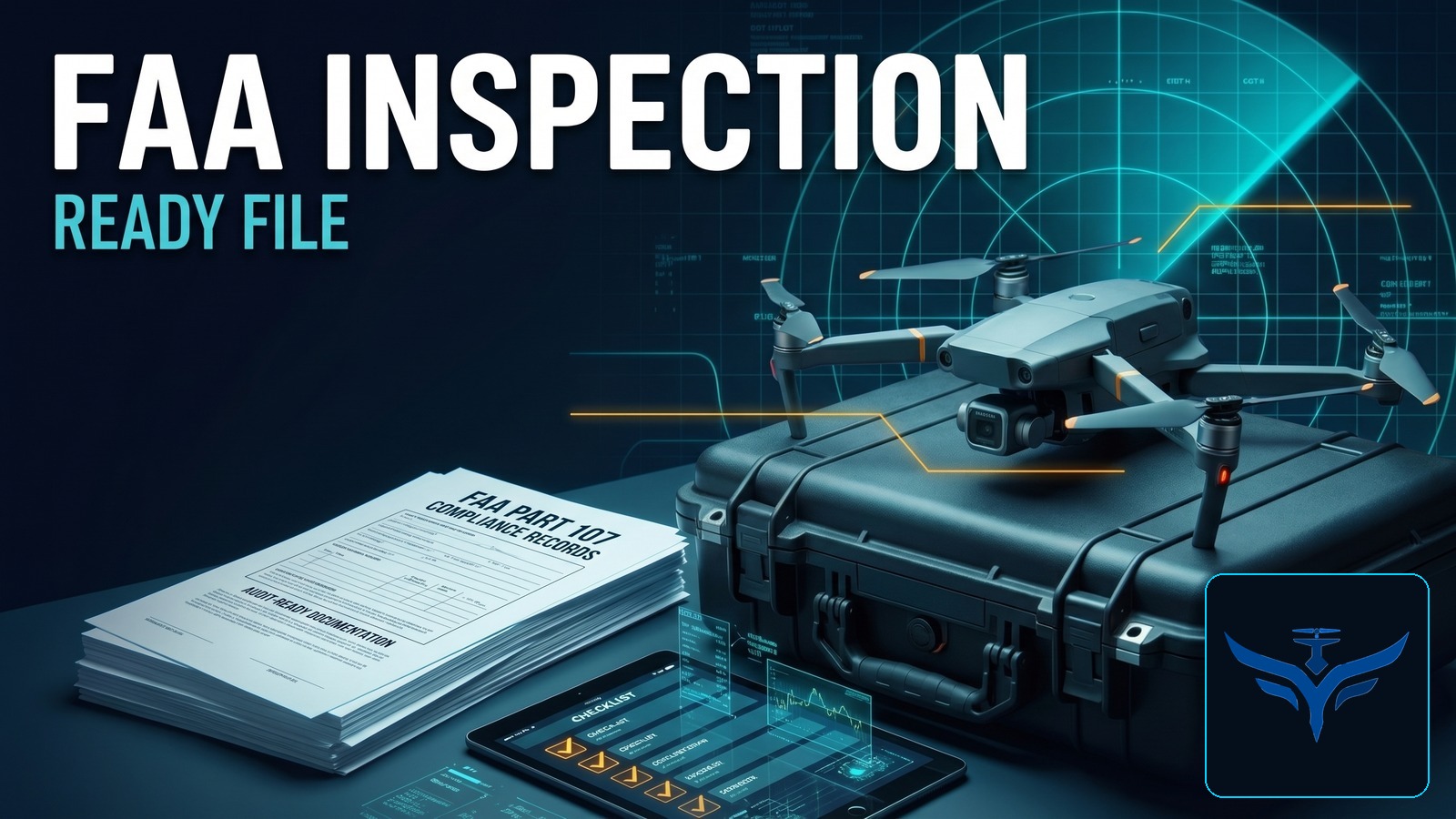 UAVHQ operator briefing graphic showing a commercial drone and FAA inspection-ready documentation checklist