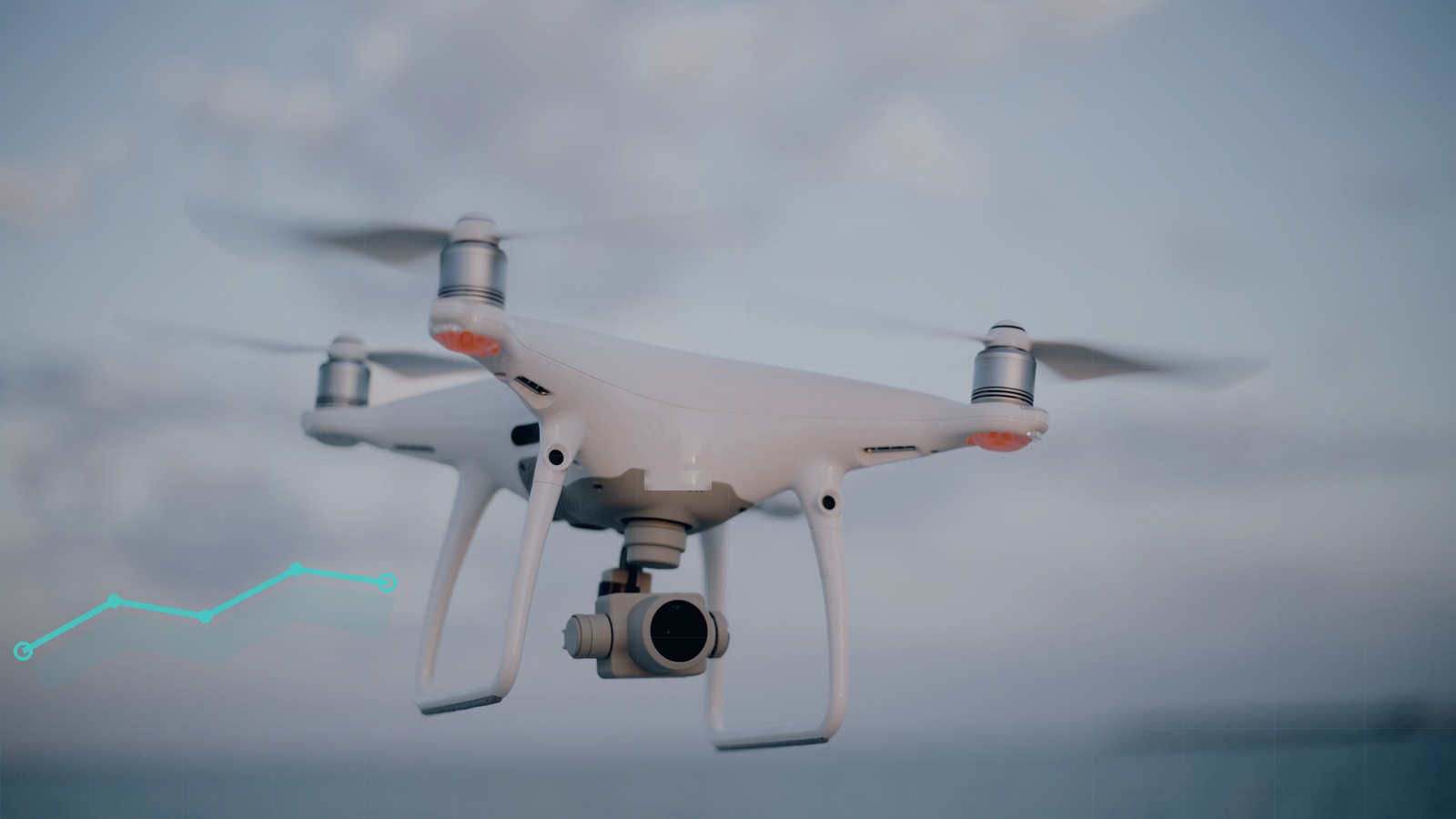 Text-free editorial photograph of a camera quadcopter in flight with a restrained BVLOS route overlay