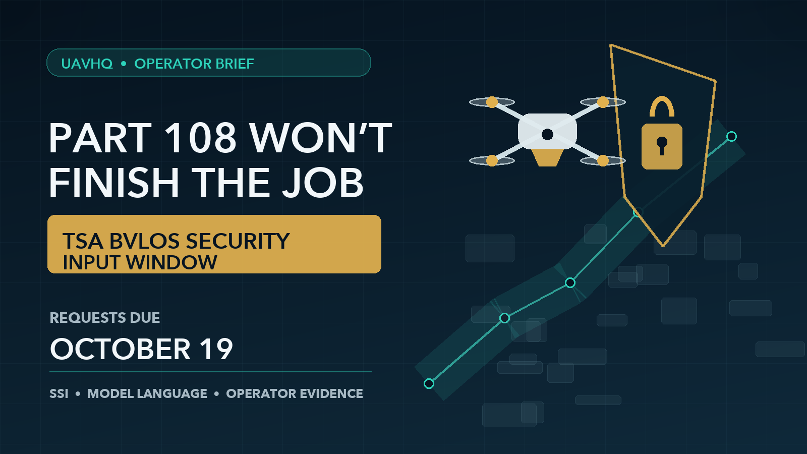 An editorial graphic showing a commercial drone, security shield, BVLOS corridor, and the October 19 TSA participation deadline