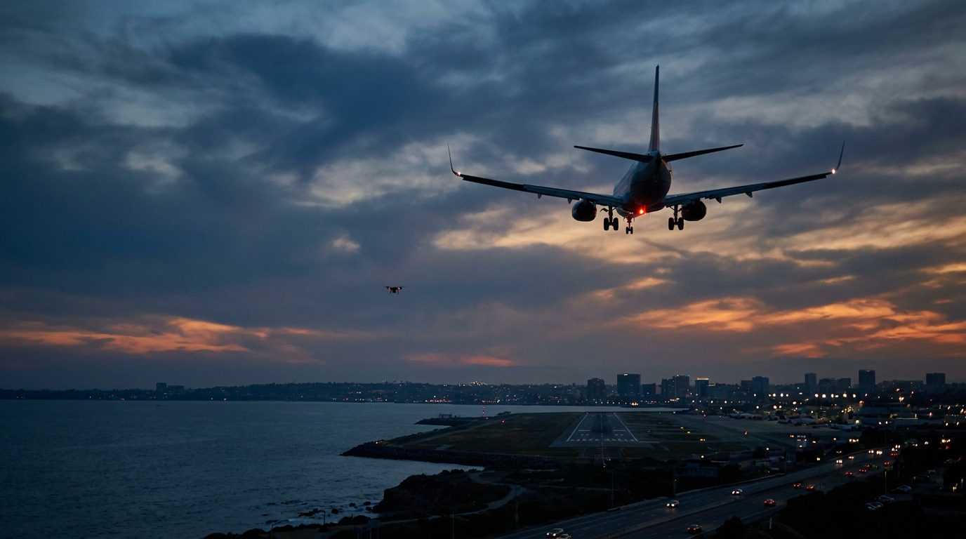 Commercial airliner on approach to a coastal airport at dusk with a small drone visible in the sky