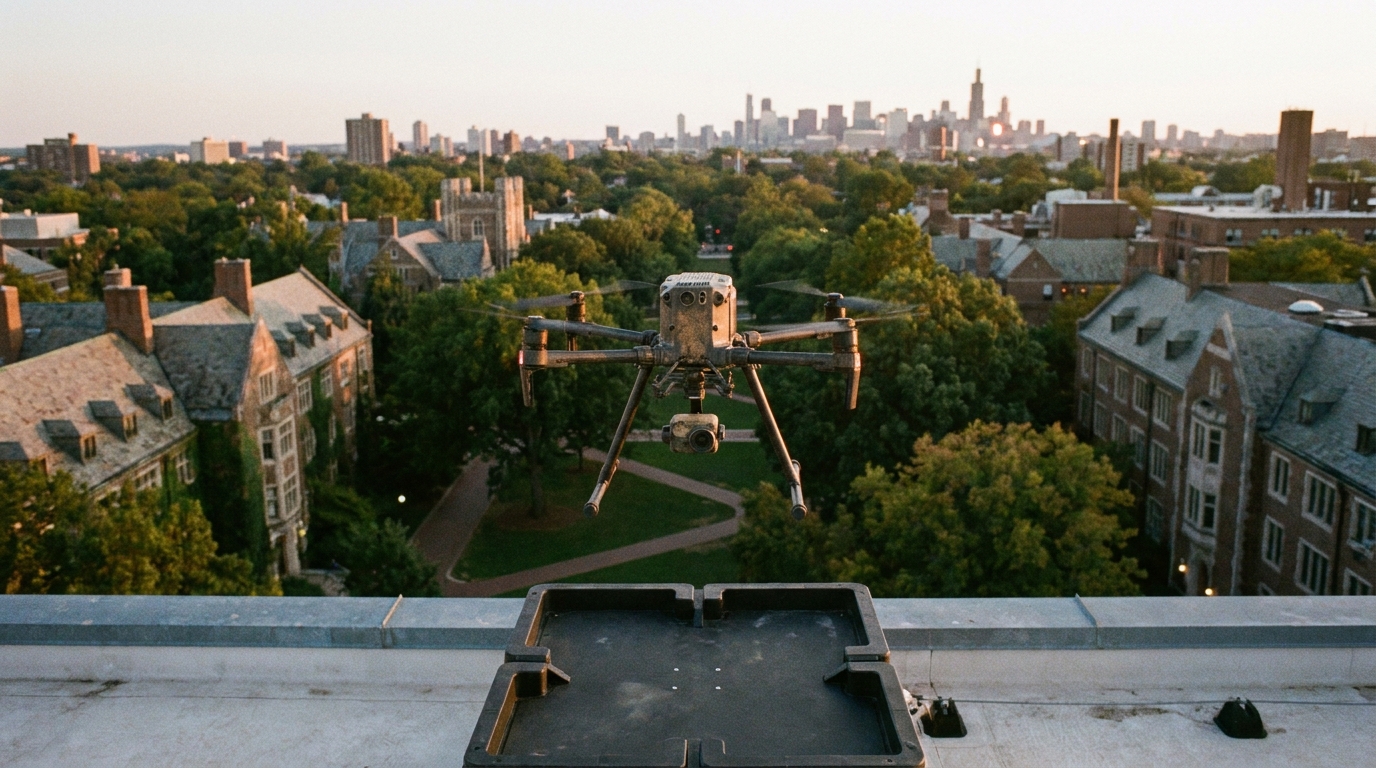 Autonomous public safety drone climbing from a rooftop dock above a university campus at dusk with a city skyline in the background