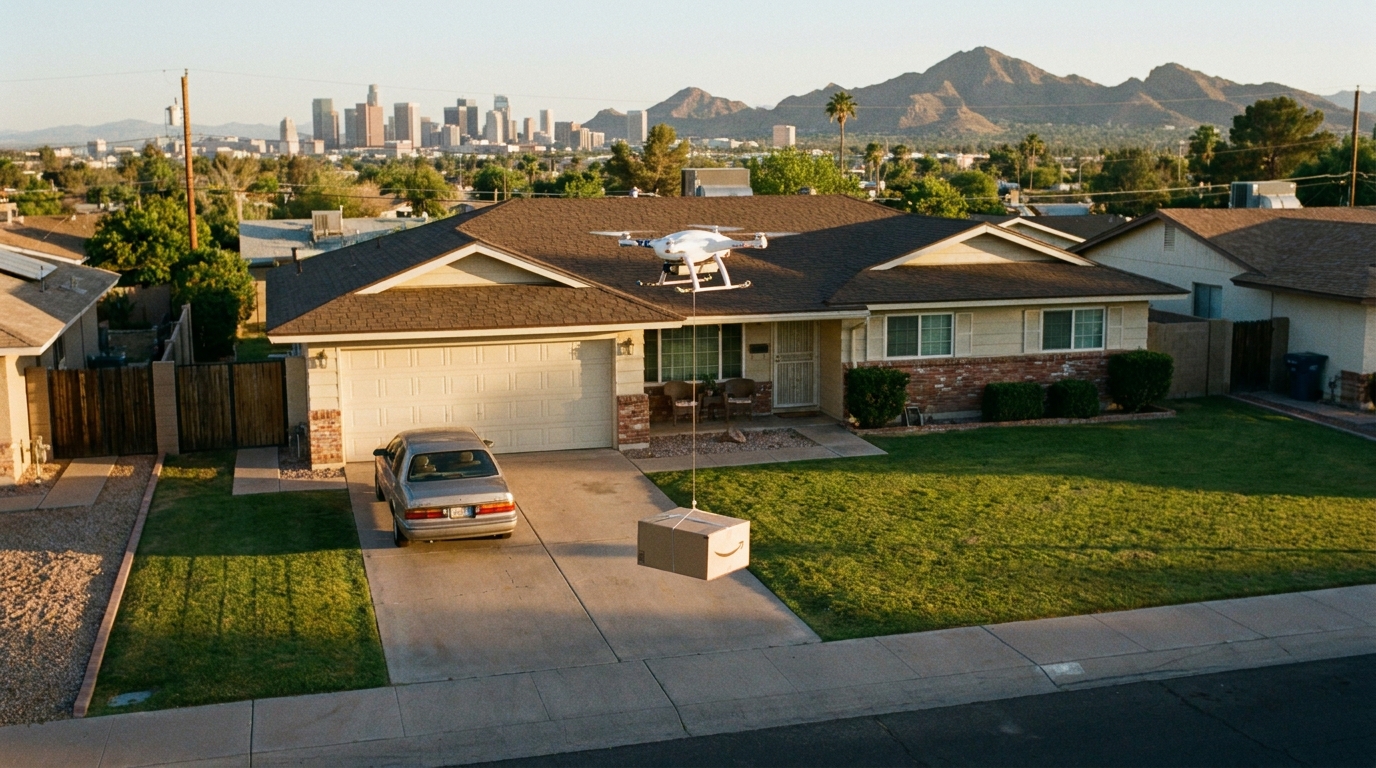 Delivery drone lowering a package by tether over a suburban neighborhood with a major city skyline and mountains in the distance at golden hour