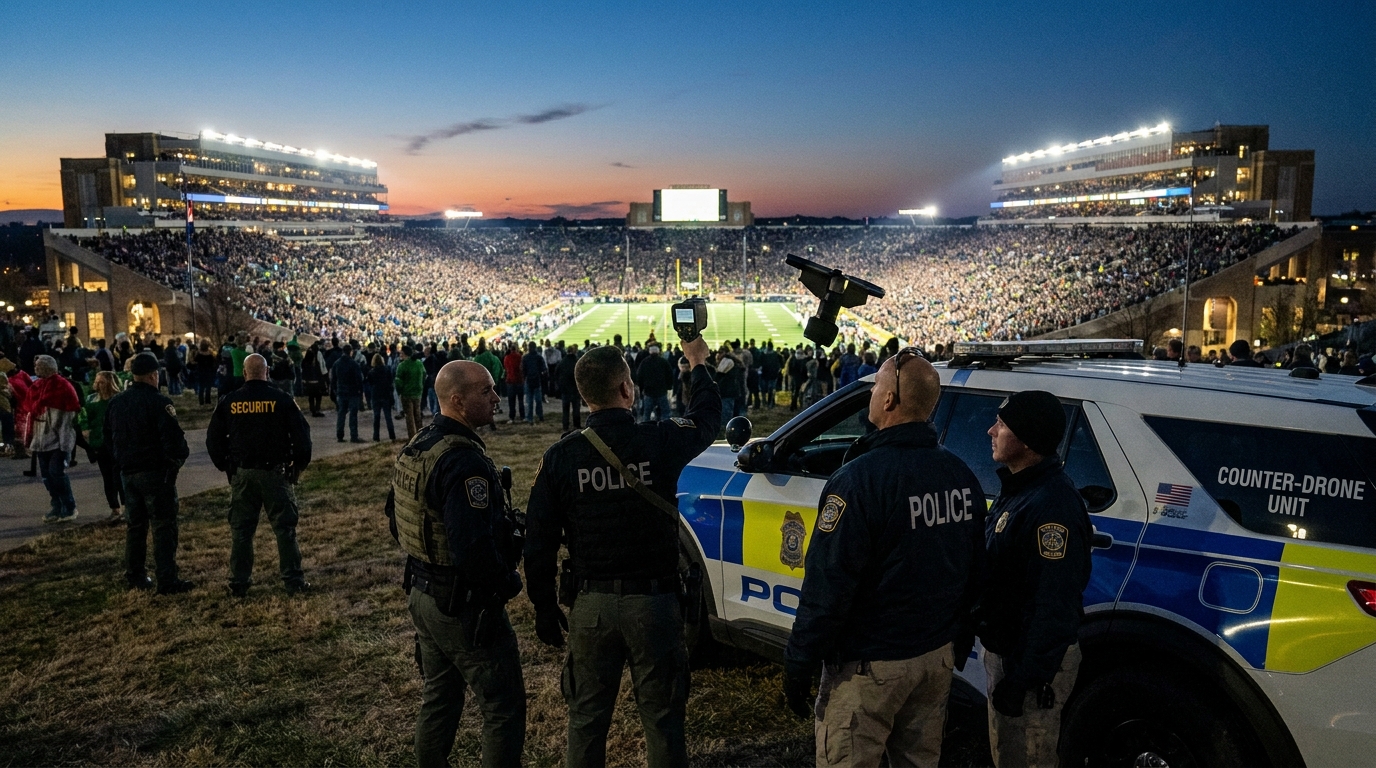 Law enforcement counter-drone team monitoring airspace near a packed stadium at dusk, handheld detection equipment raised toward the sky