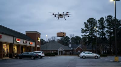 A small package delivery drone hovering over a suburban Atlanta retail parking lot at dusk with a lowered tether package, rooftops and pine treelines receding under an overcast sky