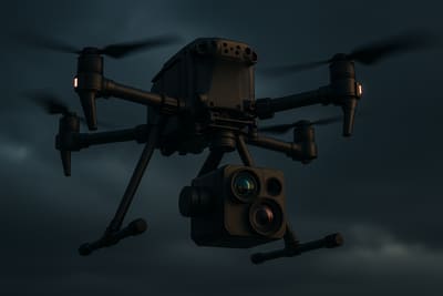 A commercial inspection drone carrying a gimballed thermal and LiDAR sensor payload hovering against an overcast sky, sensor pod and lens array visible in sharp detail
