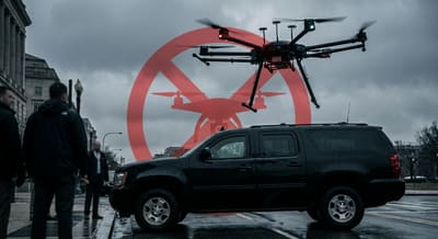 Commercial drone facing restricted airspace warning near government vehicles