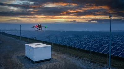 Autonomous drone-in-a-box launching over a large solar photovoltaic array at dusk with perimeter sensors visible