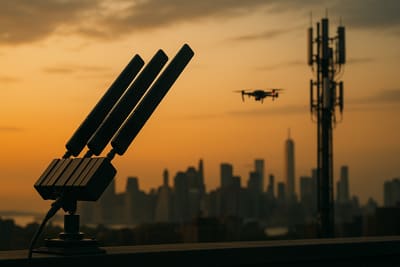 A rooftop counter-drone RF jamming array pointed at the sky over an urban skyline at dusk, with a cellular tower and a small commercial quadcopter visible in the same airspace