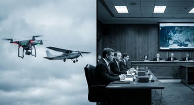 Drone with electronic conspicuity lights and regulatory hearing room