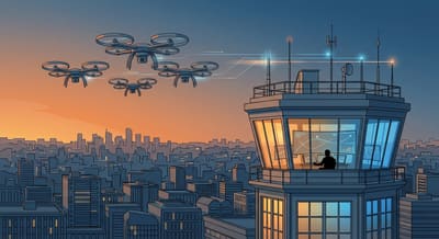 Multiple autonomous drones flying in formation above urban landscape at dusk