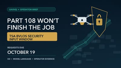 An editorial graphic showing a commercial drone, security shield, BVLOS corridor, and the October 19 TSA participation deadline