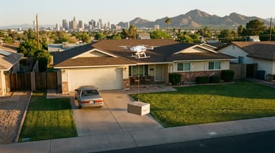 Delivery drone lowering a package by tether over a suburban neighborhood with a major city skyline and mountains in the distance at golden hour