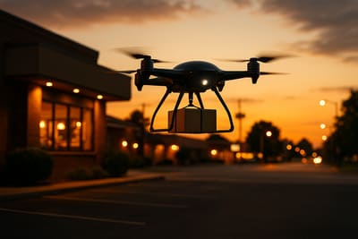 A sleek autonomous delivery drone lifting off from a suburban restaurant parking lot at dusk with a small package secured beneath it, city lights beginning to glow in the background under a clear evening sky