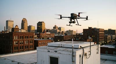 A public-safety quadcopter lifting off from a rooftop docking station at dusk with a mid-size city skyline behind it