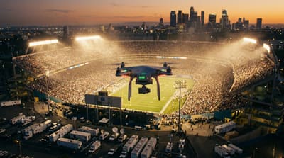 Commercial drone operating over an outdoor stadium at dusk with broadcast compound and crowd visible below